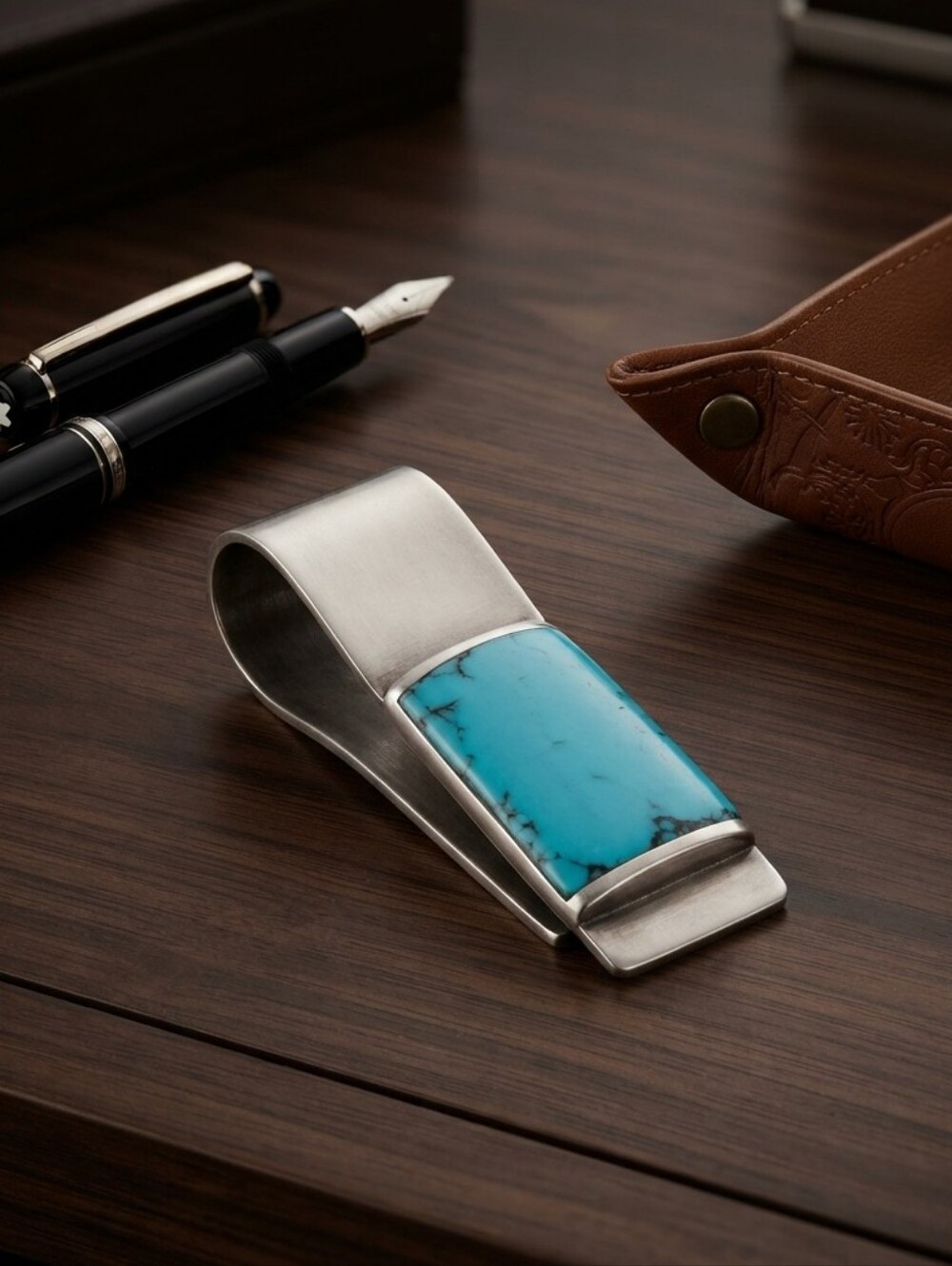 Navajo Native Mexico Turquoise Inlay Sterling Silver Money Clip